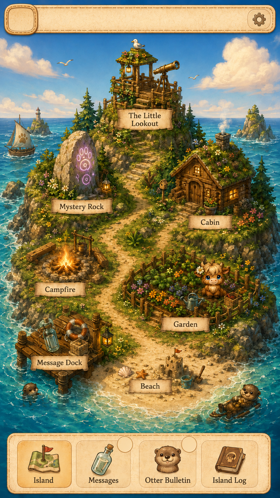 Tiny Island illustrated phone map with lookout, mystery rock, cabin, campfire, garden, message dock, beach, top bar, and bottom navigation.